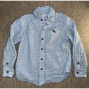 Tommy Bahama Shirt Boys S 5 6 Blue White Checkered Fish Logo Button Up